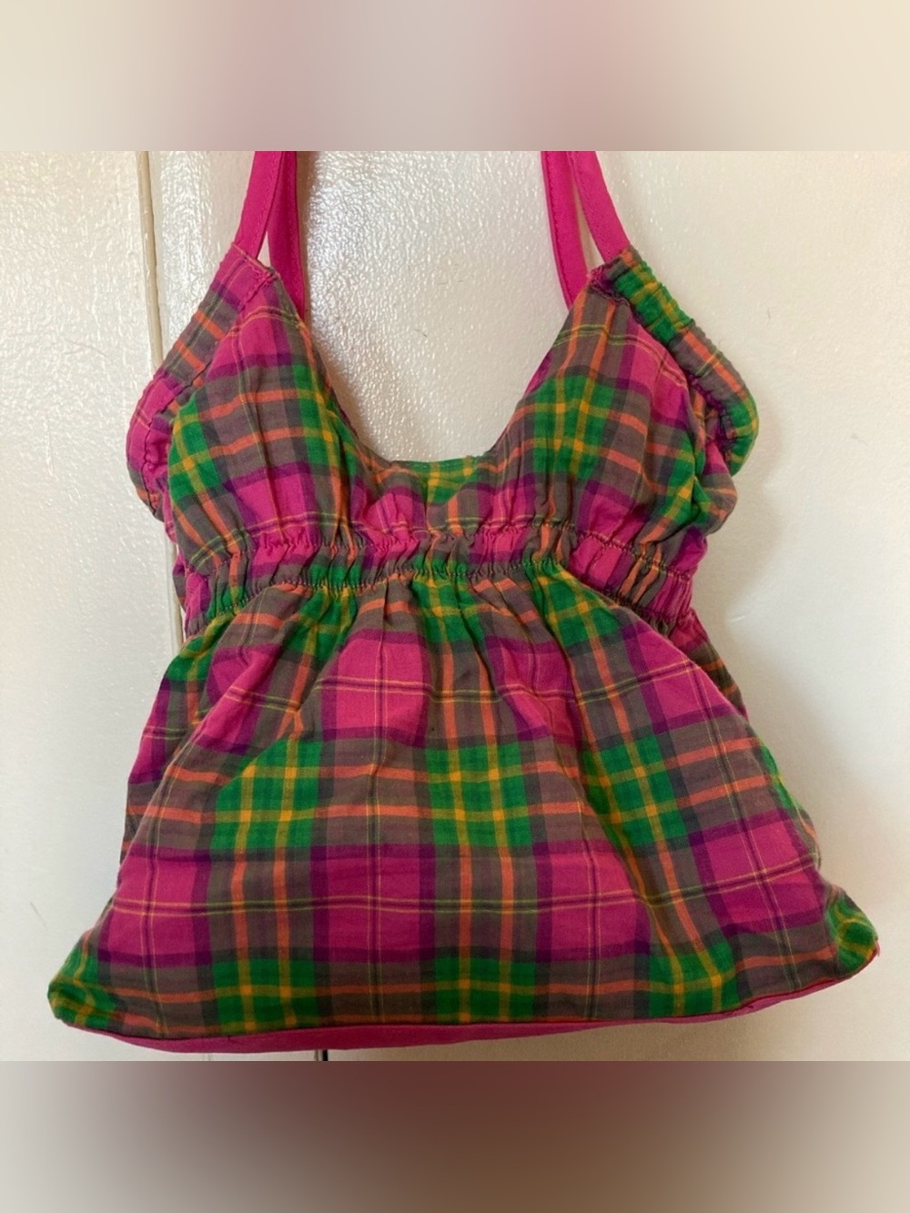 *BRAND NEW* Plaid Pink Green Yellow Sleeveless Summer Dress Shoulder Tote Bag